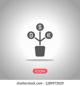 money tree. dollar, euro and bitcoin. simple silhouette. Icon under spotlight. Gray background