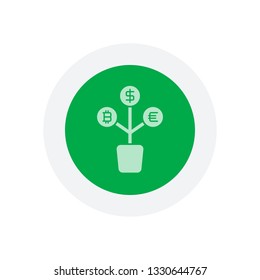 money tree. dollar, euro and bitcoin. simple silhouette. Icon in colored circle with gray bold border. Web button, modern flat design
