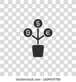 money tree. dollar, euro and bitcoin. simple silhouette. Black symbol on transparency grid