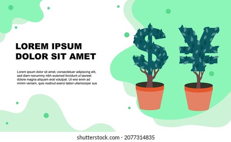 Money tree. Dollar and Euro. Financial growth concept. Set of flat backgrounds for social media, banners, header for website, homepage. Vector flat illustration