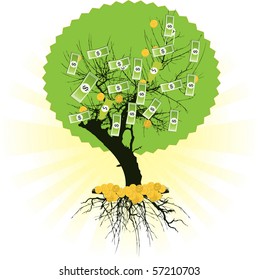 Money tree with dollars. Vector illustration