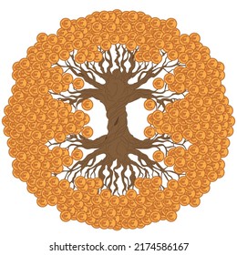 Money tree with EURO coins. A traditional feng shui symbol for attracting wealth and prosperity. Color illustration.