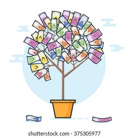Money tree in euro. Isolated object background. Flat design vector illustration.