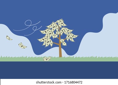 Money tree and falling dollar bills. vector Illustration.