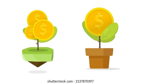 Money tree finance concept vector as business and investment save and growth flat cartoon illustration isolated on white, financial profit dollar income, environmental economy invest modern design