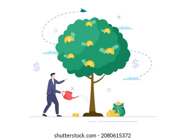 Money Tree of Financial Business Investment Profit Flat Design Vector Illustration with Dollar Banknotes and Golden Coins for Poster or Background 
