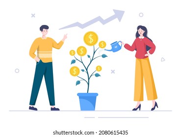 Money Tree of Financial Business Investment Profit Flat Design Vector Illustration with Dollar Banknotes and Golden Coins for Poster or Background 