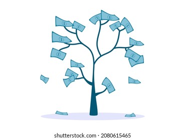 Money Tree of Financial Business Investment Profit Flat Design Vector Illustration with Dollar Banknotes and Golden Coins for Poster or Background 