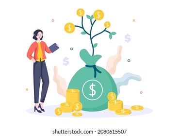 Money Tree of Financial Business Investment Profit Flat Design Vector Illustration with Dollar Banknotes and Golden Coins for Poster or Background 