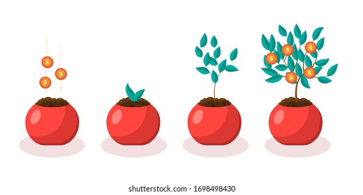 Money tree in flower pot. Deposit. Stage of growth. Vector illustration.