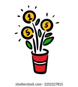 Money tree in a flower pot with green leaves and gold coins. Vector illustration of a home garden business.