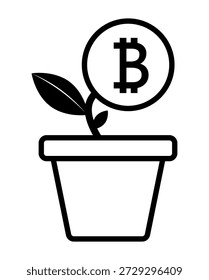 Árbol del dinero en maceta. Cultivo de bitcoin en maceta. Concepto de ahorro e inversión. Icono de contorno de flor de Bitcoin. Ilustración de stock de crecimiento de inversión y dinero. Beneficio empresarial, educación financiera de inversión, ingresos comerciales, icono de desarrollo empresarial. Ilustración vectorial