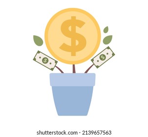 Árbol de dinero. Montañas de flores de dinero con moneda grande y dólares. Icono de inversión, finanzas, bancos. Gestión financiera, ahorro de dinero y concepto de crecimiento de depósitos. Concepto de negocio. Ilustración plana del vector