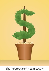Money Tree in the form of a dollar sign. In a pot shiny gold coins.