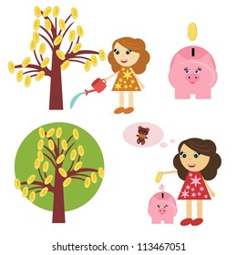 money tree, girl and piggy bank