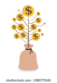 Money tree with gold coin in brown bag. Symbol of successful business, wealth, savings or investment. Flat vector illustration.