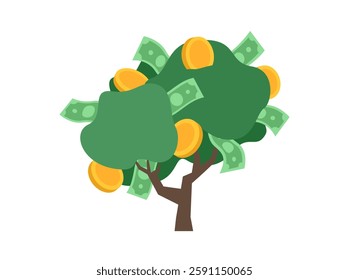 Money tree with gold coins and paper dollars. Financial and investment growth concept. Flat vector illustration isolated on white background.