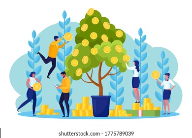 Money tree with gold coins and successful businessman, people. Stack of cash, currency. Plant with dollars. Financial profit, success concept. Vector cartoon design