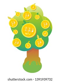 Money tree with gold coins. Symbol of success, wealth and power. Finance and banks, savings and investments. Objects isolated on a white background.
