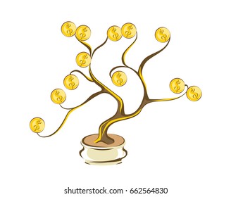 Money tree with golden coins. Gold dollars on wood branches. Cartoon style,  isolated on white vector illustration