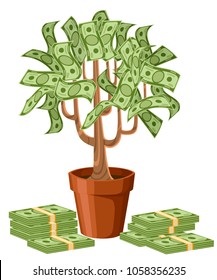 Money tree. Green cash banknotes. Tree in a ceramic pot. Vector illustration isolated on white background. Web site page and mobile app design.