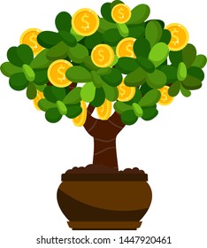 Money Tree with Green Leaf and Flowers of US Dollar Coins