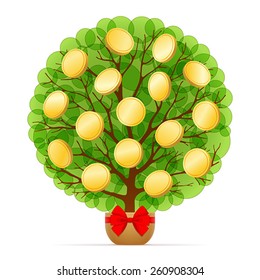 Money tree with green leafage and gold coins is growing in pot decorated with red bow, on white background