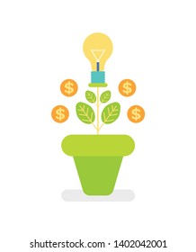 Money tree in green pot, coins and light-bulb decorations, currency symbol with leaves, growth plant, economic and marketing object, finance vector