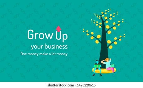 money tree. grow up your business. one coin make a lot coin. two human analyzing and increase your affluent scope. business marketing concept. vector illustration eps10