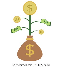 Árbol de dinero que crece de una bolsa con monedas y billetes de dólar, que simboliza la inversión, el crecimiento financiero, la riqueza y la prosperidad económica.