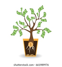 Money tree growing from a coin root. Green cash banknotes tree in ceramic pot. Modern flat style concept vector illustration