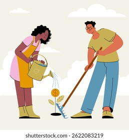 Money tree growing. Finance investment. Increase earning profit, success in wealth management concept, smart investors watering growing money plant. Vector illustration.