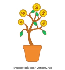 Money tree with growing gold coins. Business, financial, economic and investment concept. A symbol of material well being. Simple flat vector illustration.