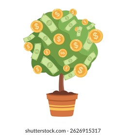 Money tree growing in a pot with gold coins and green dollar banknotes. Vector isolated on white.