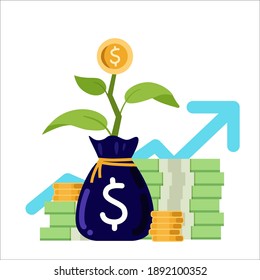 A money tree grows from a bag of coins. The concept of investing money and growing profits. Vector illustration in flat style