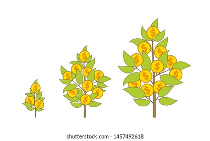 Money tree grows. Grow Investments. Contribution at interest. Make money. Cash grow up animation progression. Coins.