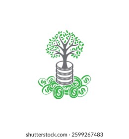Money tree growth from coins stack, business investment concept, vector illustration. Business Growth Concept Vector. Creativity Investment Growth. Coins And Plant.