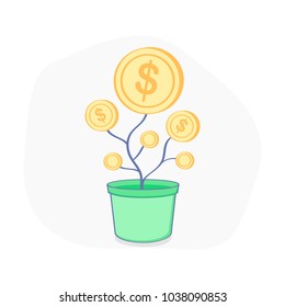 Money Tree, Money Growth, Investment. Gold coins are growing in the flower pot. Business investment growth vector icon concept.