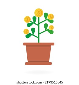 Árbol de dinero, crecimiento de dinero, inversión. una moneda de oro crece a partir de una maceta de flores. Concepto de icono de inversión empresarial. Ilustración del vector