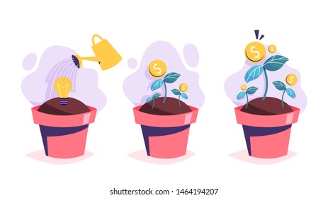 Money tree growth in pot process. Investment in idea, financial profit. Wealth and success concept. Isolated vector illustration in cartoon style