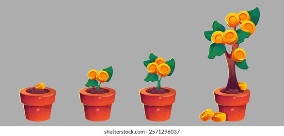 Money tree growth set isolated on background. Vector cartoon illustration of flower pot with golden coins and sprout growing to plant, successful investment, finance management, business development