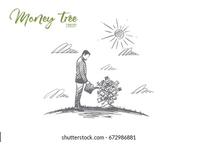 Árbol de dinero. Trajo mano del creciente árbol de dinero. Un hombre regando el árbol de dinero aislado ilustración vectorial.