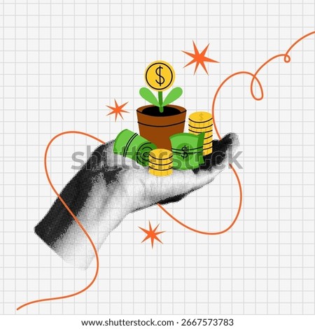 Money tree. Hand halftone collage. Investing in business and revenue growth. Saving increasing. Safe finance investment, bank deposit. Finance and business, gold coins dollar, vector concept