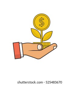 Money tree in hand, icon minimal flat design, line. Concept of investment, finance and business. Symbol of financial success. Vector. Growth income. Businessman holding coin in the palm of hand.