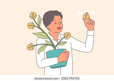 Money tree in hands of business man receiving income and profit from investments in shares. Guy plucks coins with house plant as metaphor for dividends from investments in stock market.