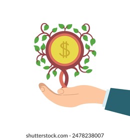 Árbol del dinero con las manos. Manos sosteniendo un árbol con una Grande moneda