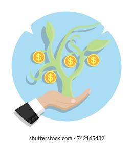 A money tree in his hand. Vector, flat.