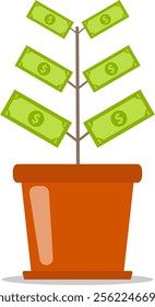 Money tree, money tree icon with banknotes isolated on white background. Vector, designer illustration. Vector.