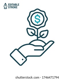 Money tree icon. Concept of money growth. Hand holds plant with coin tree. Outline vector icon with editable stroke