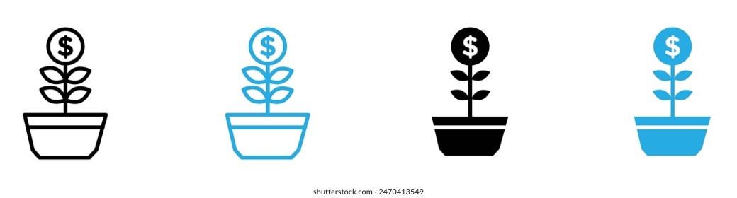 Money tree icon set depicting financial growth symbols, perfect for investment and wealth management graphics.